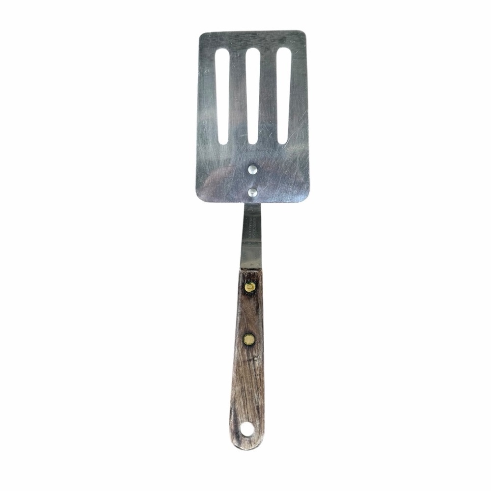 Vtg Robinson Knife Co Short Slotted Spatula Stainless Steel Wood Handle USA GUC